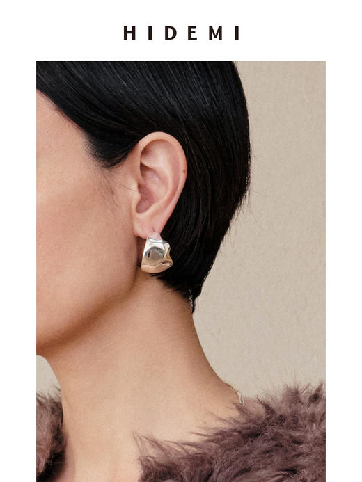 HIDEMI 不规则开口圆形宽面耳环 金色/银色 商品图7