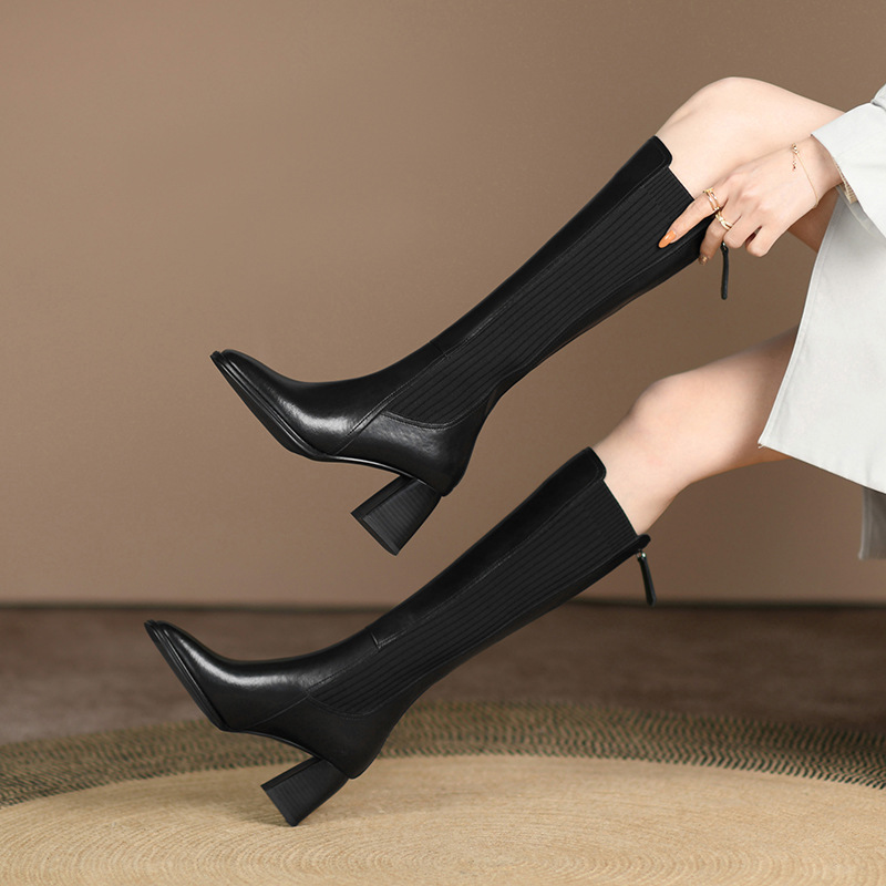 棕色长筒靴女骑士靴，高跟黑色显瘦不过膝长靴DTN-A08-18