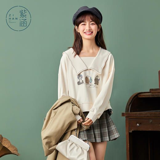 ZIHAN紫涵学院风翻领卫衣女2022春季存新款甜美波浪领贴布刺绣长袖上衣Z2Z01AS131 商品图2