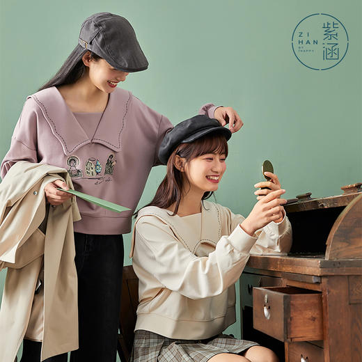 ZIHAN紫涵学院风翻领卫衣女2022春季存新款甜美波浪领贴布刺绣长袖上衣Z2Z01AS131 商品图0