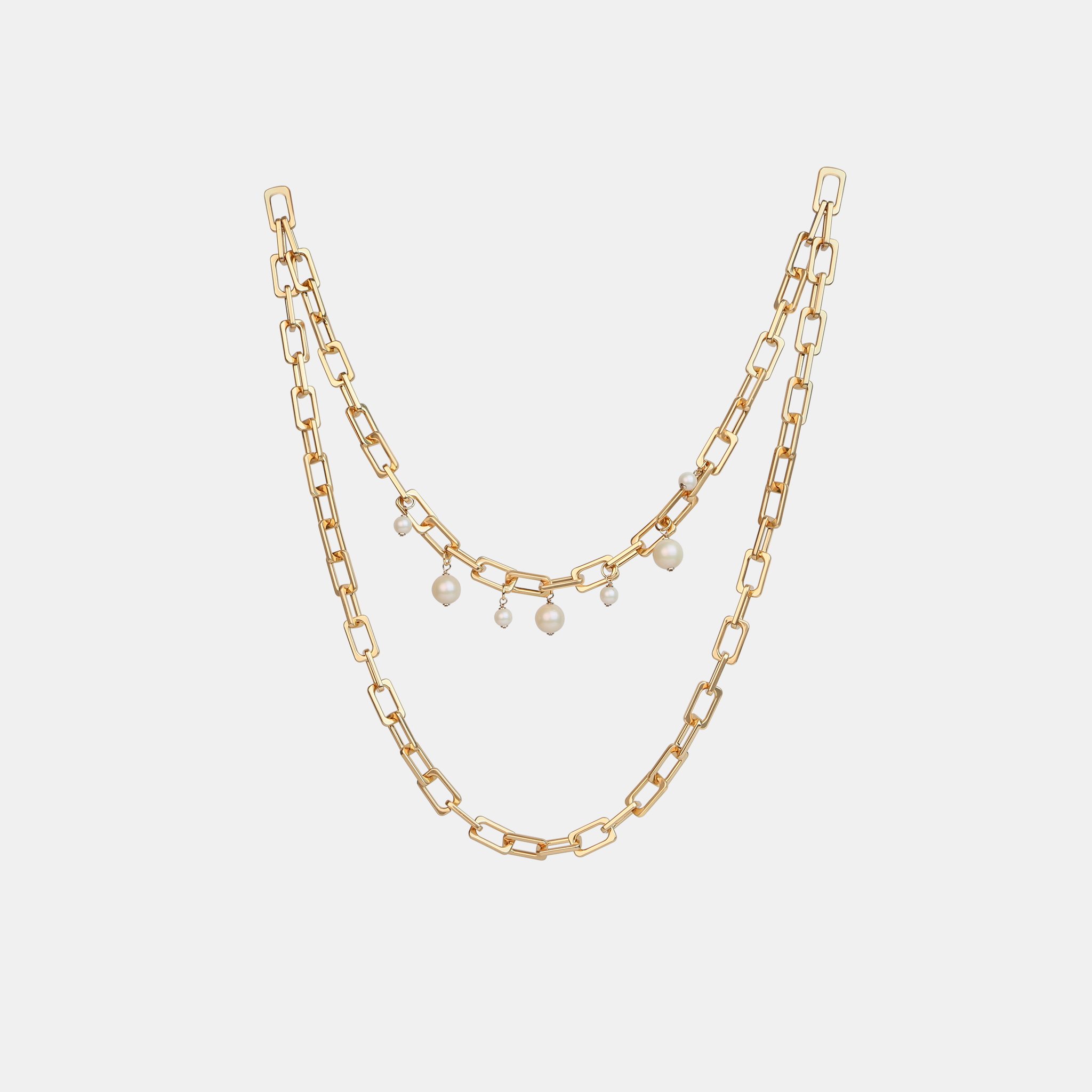 Welded Square Metal Chain with Pearl Drops 方扣珍珠链