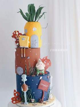 海绵宝宝 翻糖三层蛋糕（提前7天预订）
