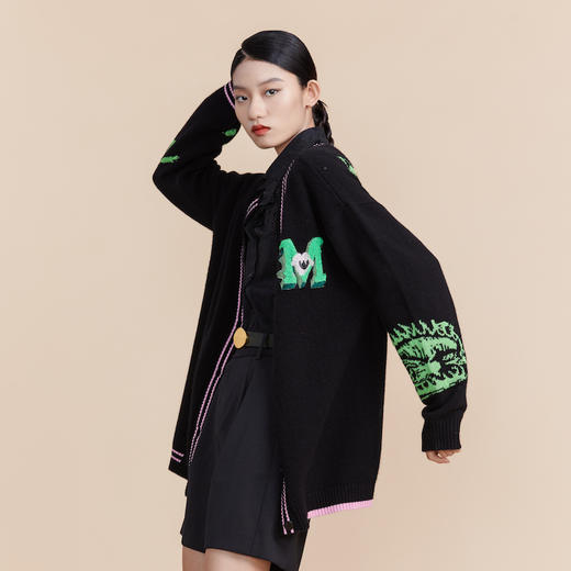 MIIDII谜底2022春新款食人花提花V领中长款针织开衫女221MZ0373 商品图1