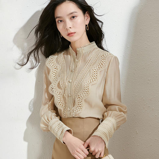 剩S/M芳外2026春季新款知性优雅长袖上衣蕾丝拼接淑女直筒百搭衬衫0084 商品图2