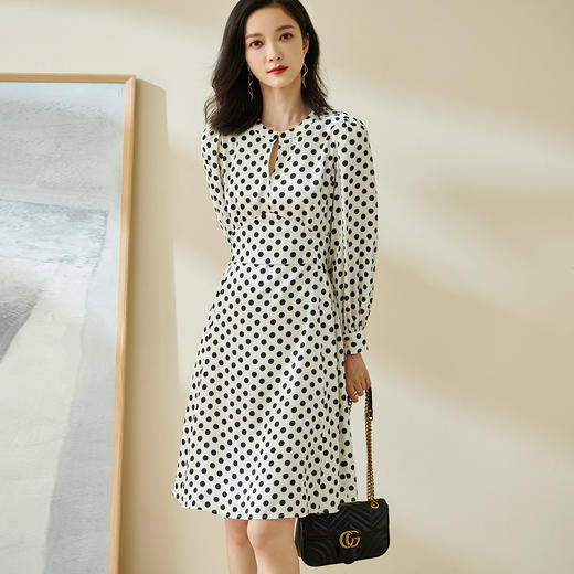 剩S/L/XL/XXL 米思阳波点a字裙2022春季新款法式收腰显瘦长袖连衣裙 商品图2