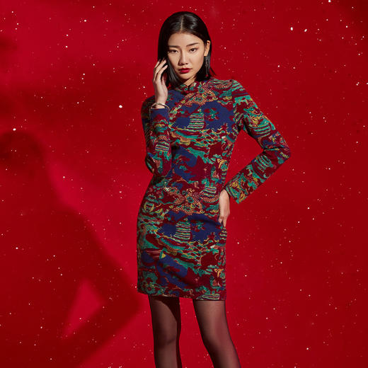 TANGY Collection/天意精品秋冬新品国风原创针织印花旗袍连衣裙 商品图3