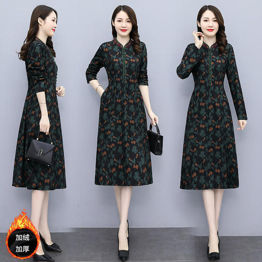 HRYZ7666-1 法式气质阔太太连衣裙女秋冬新款复古亮丝收腰大码印花裙 商品图1