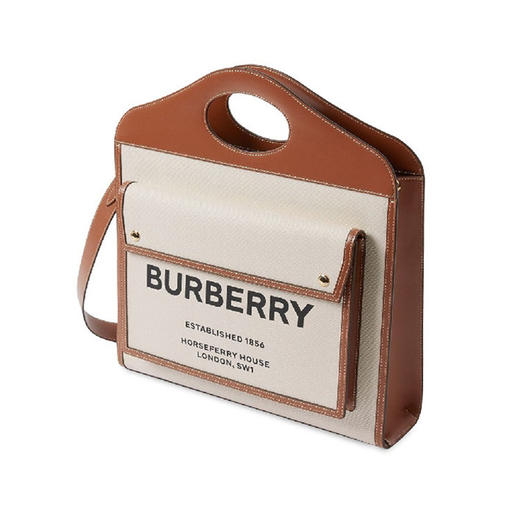 BURBERRY 博柏利 女士中号双色帆布拼皮革口袋提挎托特包 米色 8039362 A1395 商品图2