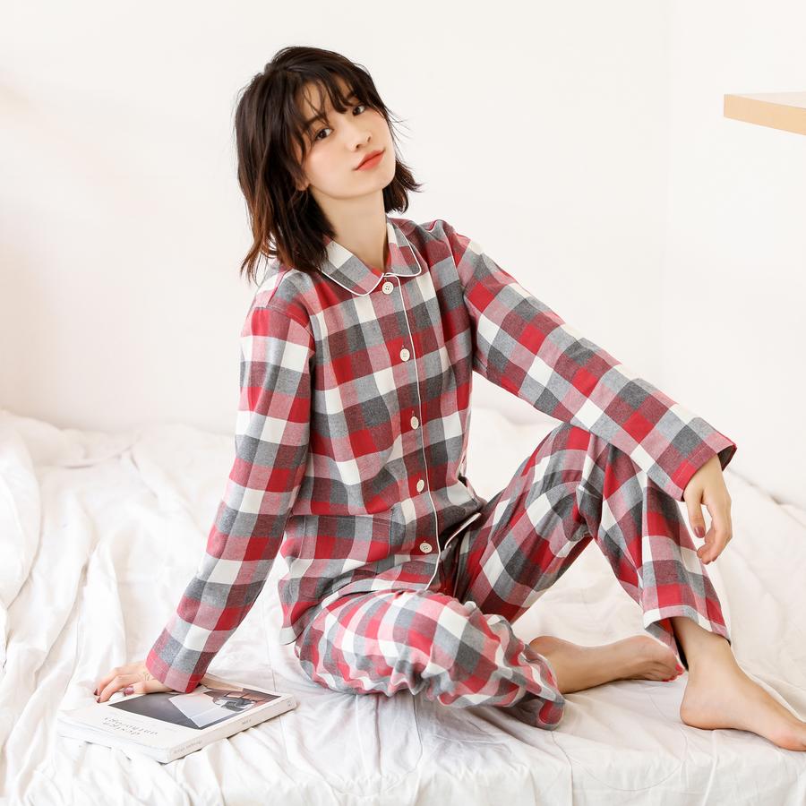 【家居服】家居服男女士全棉睡衣日系简约色织格子