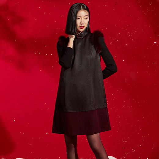 TANGY Collection/天意精品秋冬新品丝毛拼接国风立领旗袍连衣裙 商品图2