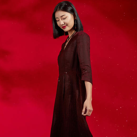 TANGY Collection/天意精品秋冬新品原创国潮丝绵V领收腰连衣裙 商品图4