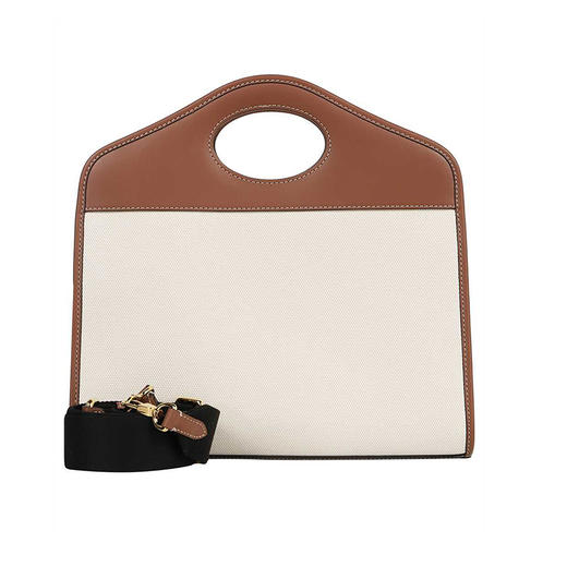 BURBERRY 博柏利 女士中号双色帆布拼皮革口袋提挎托特包 米色 8039362 A1395 商品图1