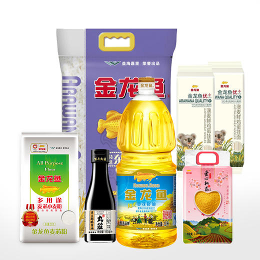 金龙鱼米油面调味组合（金龙鱼东北特选大米5kg*1 金龙鱼阳光葵花籽油1.8L*1 金龙鱼多用途麦芯粉1kg*1 澳麦鲜蛋挂面200g*2 爱心桃花小米400G*1 丸庄高鲜酱油150ml*1） 商品图0