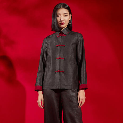 TANGY Collection/天意精品秋冬新品绵羊毛国风立领盘扣撞色立领中式莨绸外套 商品图1