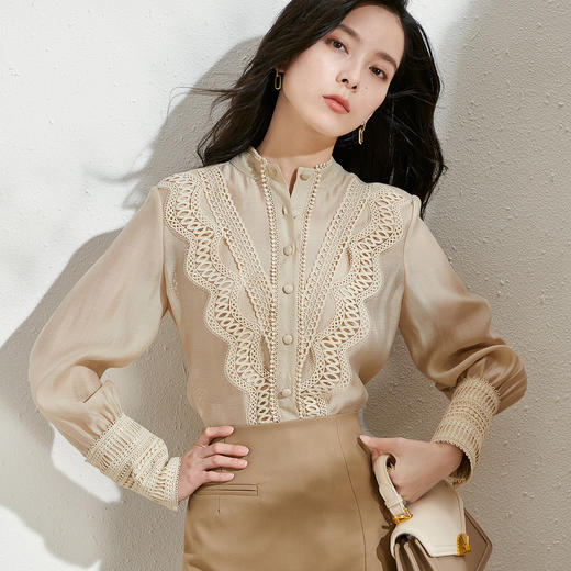 剩S/M芳外2026春季新款知性优雅长袖上衣蕾丝拼接淑女直筒百搭衬衫0084 商品图3