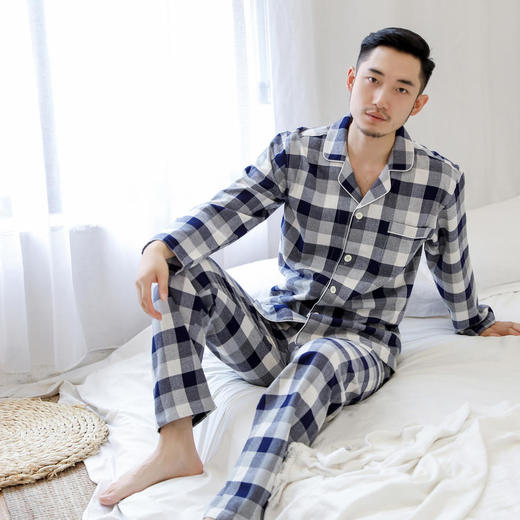 【家居服】家居服男女士全棉睡衣日系简约色织格子 商品图1