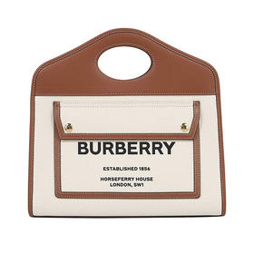 BURBERRY 博柏利 女士中号双色帆布拼皮革口袋提挎托特包 米色 8039362 A1395
