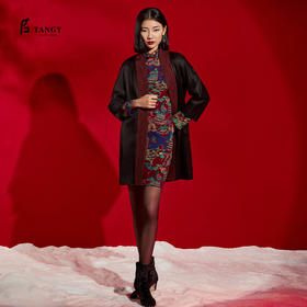 TANGY Collection/天意精品秋冬新品线迹刺绣莨绸撞色拼接直筒外套