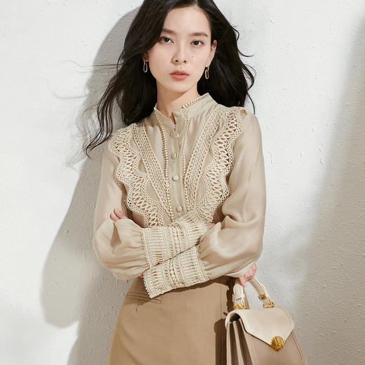 剩S/M芳外2026春季新款知性优雅长袖上衣蕾丝拼接淑女直筒百搭衬衫0084 商品图1