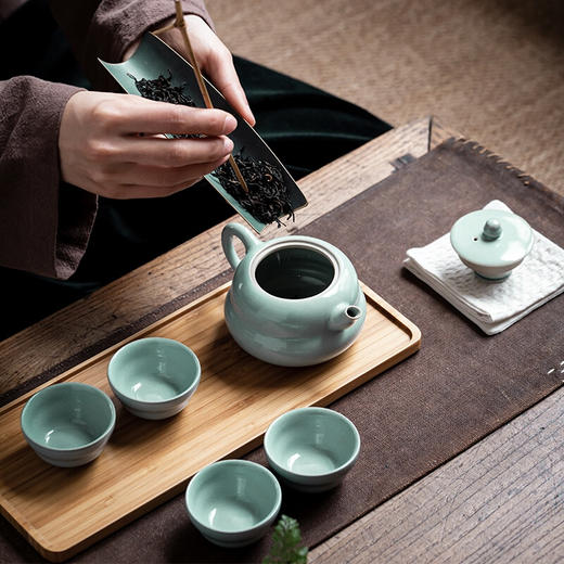 汝山明 葫芦茶器套组  功夫茶具  竹茶盘干泡盘 梨皮蟹爪纹 汝窑开片 山明汝瓷 商品图0