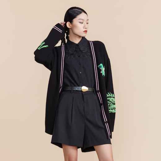 MIIDII谜底2022春新款食人花提花V领中长款针织开衫女221MZ0373 商品图0