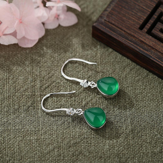 YLL-S925纯银滴绿玉髓耳环女镶嵌锆石复古气质长款耳饰 商品图1
