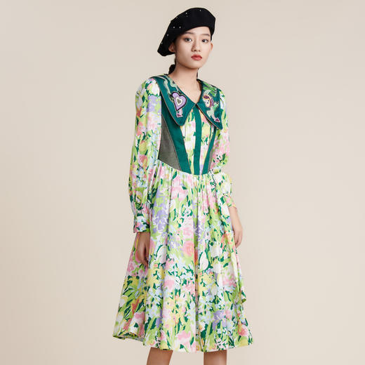 MIIDII谜底2022春新款宫廷复古彼德潘领纯棉收腰连衣裙221ML0185 商品图0