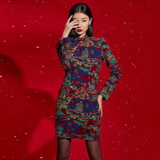 TANGY Collection/天意精品秋冬新品国风原创针织印花旗袍连衣裙 商品图1