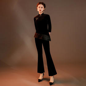 黑色丝绒两件套装，时尚改良女士日常上衣旗袍 GSJ129