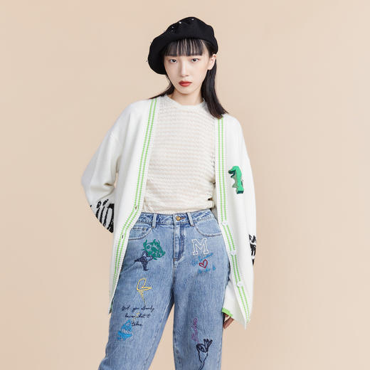 MIIDII谜底2022春新款食人花提花V领中长款针织开衫女221MZ0373 商品图3