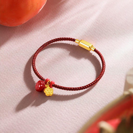 周六福黄金足金红绳手链女2022年新款吊坠5D硬金万“柿”如意手饰 商品图2