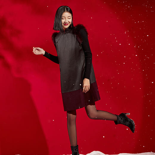 TANGY Collection/天意精品秋冬新品丝毛拼接国风立领旗袍连衣裙 商品图1