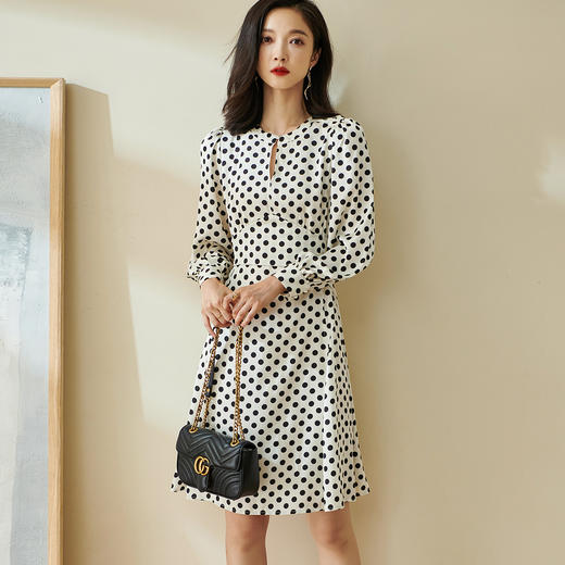 剩S/L/XL/XXL 米思阳波点a字裙2022春季新款法式收腰显瘦长袖连衣裙 商品图3