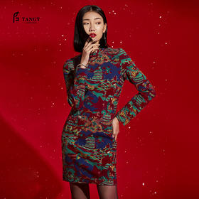 TANGY Collection/天意精品秋冬新品国风原创针织印花旗袍连衣裙
