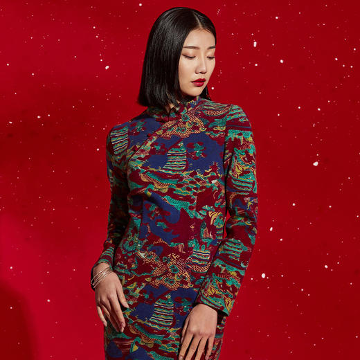 TANGY Collection/天意精品秋冬新品国风原创针织印花旗袍连衣裙 商品图4