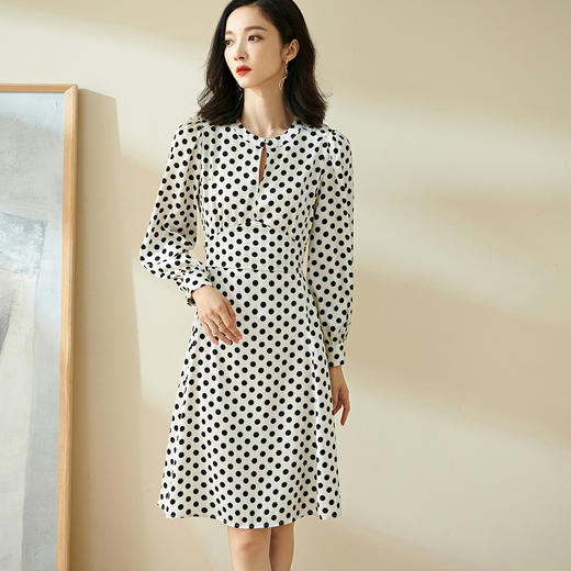 剩S/L/XL/XXL 米思阳波点a字裙2022春季新款法式收腰显瘦长袖连衣裙 商品图0
