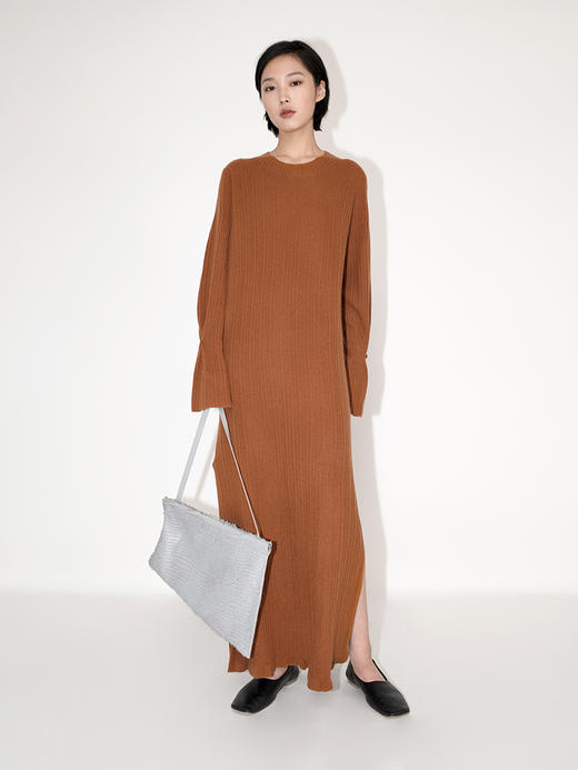 女士2021新款纯山羊绒单股坑条纹理连衣裙 商品图1