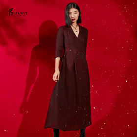 TANGY Collection/天意精品秋冬新品原创国潮丝绵V领收腰连衣裙