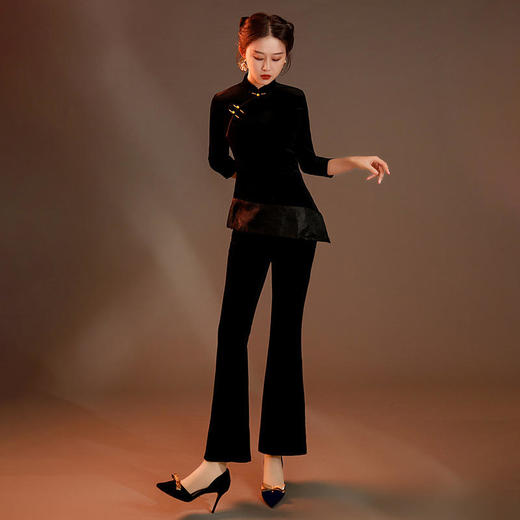 黑色丝绒两件套装，时尚改良女士日常上衣旗袍 GSJ129 商品图1