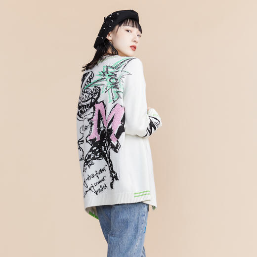 MIIDII谜底2022春新款食人花提花V领中长款针织开衫女221MZ0373 商品图4