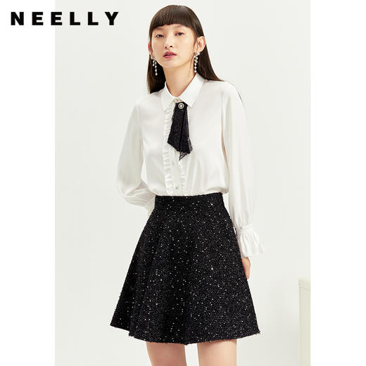 NEELLY纳俪衬衫女设计感小众木耳边单排扣飘带法式白衬衫上衣秋冬N21121B01235 商品图0