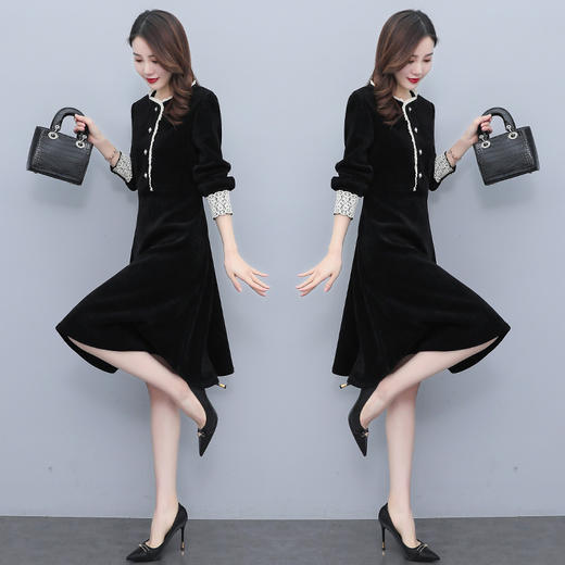 气质显瘦，圆领长袖中长裙花边拼接灯芯绒连衣裙HR-XX2853 商品图1