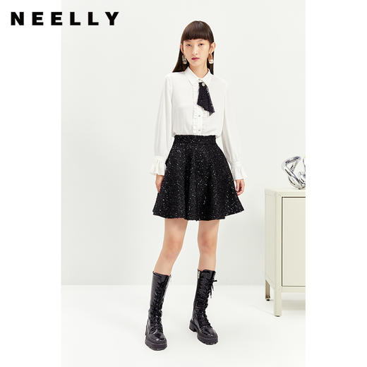 NEELLY纳俪衬衫女设计感小众木耳边单排扣飘带法式白衬衫上衣秋冬N21121B01235 商品图2