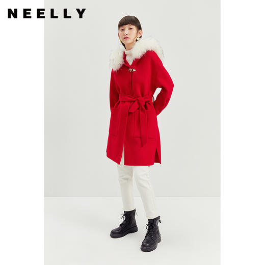 NEELLY纳俪冬季貉子大毛领连帽双面呢大衣女收腰系带外套保暖百搭N21121N01237 商品图3