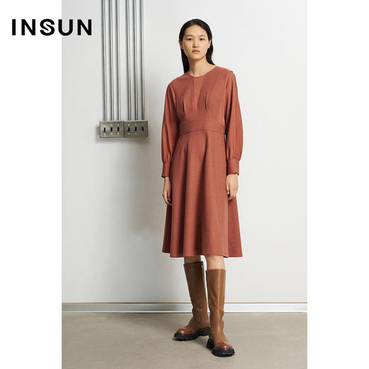 INSUN恩裳冬季新款修身时尚绵羊毛流行珊瑚红连衣裙女9c31505050 商品图0