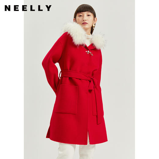 NEELLY纳俪冬季貉子大毛领连帽双面呢大衣女收腰系带外套保暖百搭N21121N01237 商品图0