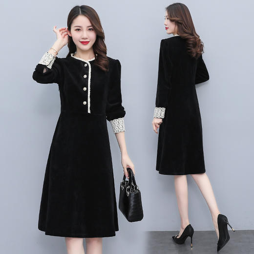 气质显瘦，圆领长袖中长裙花边拼接灯芯绒连衣裙HR-XX2853 商品图4