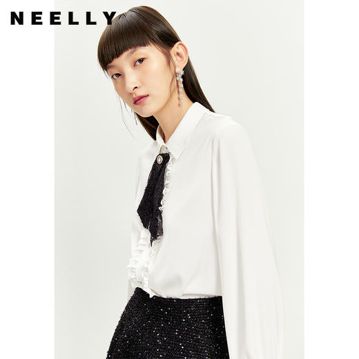 NEELLY纳俪衬衫女设计感小众木耳边单排扣飘带法式白衬衫上衣秋冬N21121B01235 商品图3
