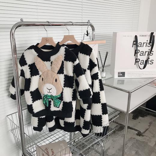 【亲子加绒卫衣】2021冬季新款女宝宝韩版羊羔毛加厚套头卡通格子上衣 商品图3