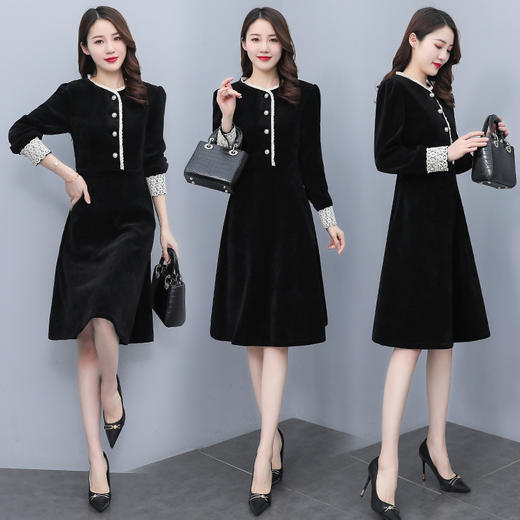气质显瘦，圆领长袖中长裙花边拼接灯芯绒连衣裙HR-XX2853 商品图2